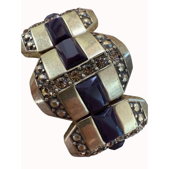 J Crew Gold-Tone Stretch Bracelet With Purple Faceted Stones & Rhinestones - Picture 1 of 7